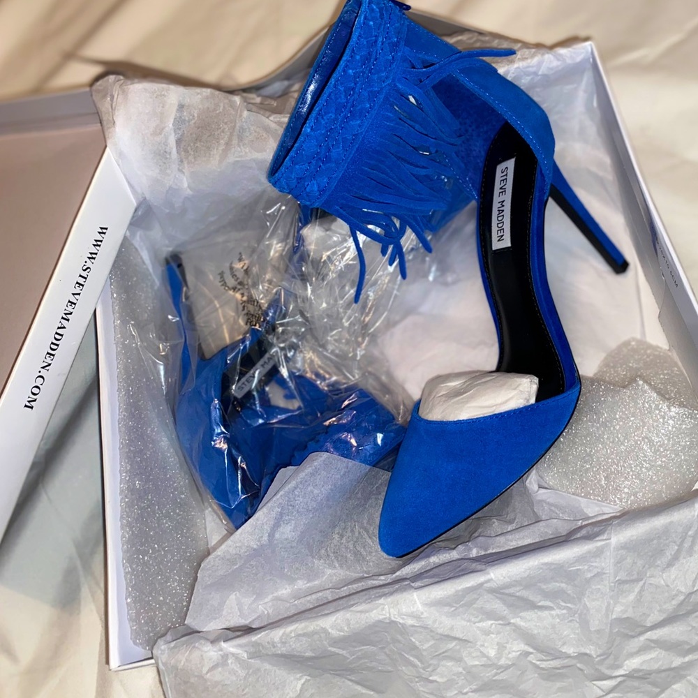 Blue Steve Madden Fringe Ankle Pumps